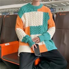 Find ideas๏ฟฝand inspiration for Men's Casual Youth Baggy Plaid Sweater Thermal Knitted Pullover Loose Sweaters, Mens Sweaters Street Preppy, Long Sleeve Design, Sweaters Online, 가을 패션, Cable Knit Sweater, Vintage Streetwear, Outerwear Sweater, Vintage Fabric, Aesthetic Outfits