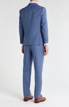 Bring understated elegance to the table in this three-piece suit crafted from rich fabric in a classic single-breasted silhouette. Jacket has notched lapels; chest welt pocket; front flap pockets Vest has front button closure; V-neck Pants have zip fly with button closure; front slant pockets; back button-welt pockets Jacket and vest are lined; trousers are lined to the knee 65% polyester, 35% viscose Dry clean Imported Each suit has a 6” drop, meaning that a size 38R jacket is paired with size Pocket Vest, Rich Fabric, Three Piece Suit, Pocket Jacket, 3 Piece Suits, Understated Elegance, Slate Blue, Three Piece, The Table