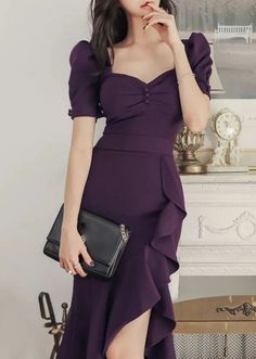 Korean Midi Dress, Corporate Casual, Purple Bodycon, Dresses Purple, Gaun Fashion, Elegant Party Dresses, Office Dress, Midi Dress Party, Midi Dress Casual