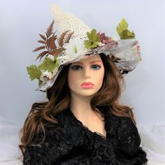 "You can certainly wear this white Raffia straw witch hat all year, but it is specifically designed with Spring and Summer in mind! I chose to make this from Raffia so it would be airy and lightweight, but still shapeable. Firm enough to stand on its own with that classic shape and a sheer floral fabric vinyl brim for shade. Airy enough to get through the heat and folds flat for travel. You can add ribbon ties through the holes in the hat or wear it as is. Some stretch so one size fits most. Hap Whimsical Short Brim Vacation Hats, Whimsical Mini Hats With Curved Brim For Beach, Bohemian Fedora Costume Hat For Summer, Whimsical Summer Hats For Country Events, White Straw Hat For Garden Party, Whimsical Adjustable Brimmed Straw Hat, White Curved Brim Mini Hat For Country Events, Whimsical Brimmed Hats For Country Events, Whimsical Summer Festival Costume Hats And Headpieces