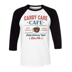 Satisfy your sweet tooth with this indulgent Candy Cane Cafe design! Enjoy every sip of hot cocoa and every bite of fresh cookies with its stylish design! It features a classic candy cane look that'll have everyone's mouths watering! Candy Cane Cafe Three-Quarter Raglan Sleeve Baseball Shirt Unisex Small White/Black Hot cocoa santa claus Christmas candy cane cafe fresh chocolate chip cookies snowflake. This is a S white/black mens or womens three-quarter raglan sleeve baseball t-shirt (standard Christmas Baseball Shirts, Candy Cane Shirt Ideas, Candy Cane T Shirt, Black T-shirt With Sublimation Print And Baseball Collar, Tri-blend Cotton T-shirt For Baseball Season, Classic Candy, Baseball Pants, Casual Athletic, Christmas Candy Cane