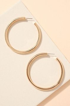 Round metal open hoop earrings. Approx: 2.5" Material: Brass, Gold plated, Lead Compliant, Nickle Free Open Hoop Earrings, Earrings In Gold, Brass Gold, Gold Bracelet, Gold Plate, Bangles, Hoop Earrings, Plating, Brass