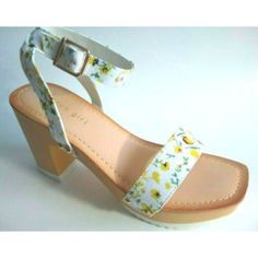 Brand New Madden Girl By Steve Madden Size 7 Yellow Flowers Sandal Shoes Chic Sandals With Floral Print And Open Heel, Summer Wooden Heel Closed Toe Block Heels, Closed Toe Floral Print Heels For Summer, Chic Floral Print Sandals With Open Heel, Casual Spring Block Heels With Round Toe, Spring Floral Print Sandals With Open Heel, Chic Floral Print Ankle Strap Sandals, Spring Floral Print Open Heel Sandals, Chic Floral Print Open Heel Sandals