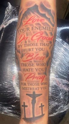 Red Ink Tattoos Meaningful, Real Life Tattoos For Men, Women Tattoo Quotes Ideas, Tattoos About Family For Men, Pisces Tattoos Men, Bible Verse Leg Tattoos For Men, No Love Tattoo Men, Bible Verse Tattoos For Men Arm, Love Your Enemies Tattoo