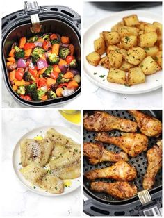 four different pictures with chicken, potatoes and vegetables in the same pan on top of each other