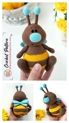 a crocheted stuffed animal is shown in three different pictures, including one with a bee on it's chest