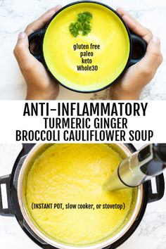 the ingredients for an anti - inflamatory turmic ginger broccoli cauliflower soup