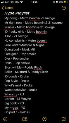 an iphone screen with the words hype playlist on it and other text
