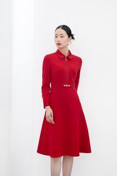 Red Long Sleeve Slim Wedding Dresses - SHIMENG Fitted Waist Party Dress, Red Fitted Midi Dress For Semi-formal Occasions, Elegant Semi-formal Red Dress, Elegant Red Semi-formal Dress, Elegant Red Office Dress, Formal Red Midi Dress With Fitted Bodice, Red Midi Dress With Fitted Bodice For Formal Occasions, Red A-line Office Dress, Red A-line Dress For Office