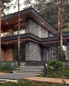 an architectural rendering of a modern house in the woods with stairs leading up to it