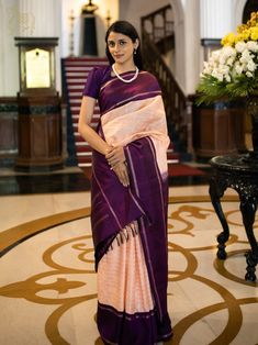 Mysore Silk Saree Colours, Saree Color Combinations Modern, Peach Colour Silk Saree, Peach Saree Color Combos, Peach Kanchipuram Saree, Kattam Saree, Kanchi Saree