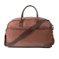 a brown duffel bag on a white background