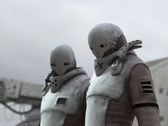 two humanoids with yellow eyes standing next to each other