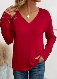 Color:Wine Red;Size:S;Size:M;Size:L;Size:XL;Size:2XL;Package Contents:1 X T Shirt;Occasion:Other;Style:Casual; Shapewear Swimsuit, Denim Jean Skirt, Button Long Sleeve, Blue Jumpsuits, Lovely Tops, Red Jumpsuit, Red Long Sleeve, Red Button, Solid & Striped