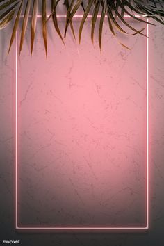 a pink neon frame with palm leaves on the left side and a white marble background