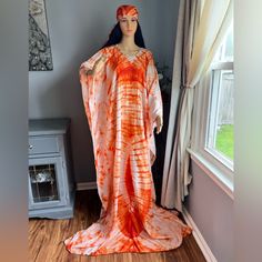 Beautiful Long Orange Silk Tie-Dye Dress Spring Tie Dye Long Sleeve Dress, Flowy Hand Dyed Festival Dresses, Flowy Hand Dyed Dresses For Festivals, Hand Dyed Flowy Summer Dresses, Long Sleeve Tie Dye Summer Dress, Summer Tie Dye Long Sleeve Dresses, Tie Dye Long Sleeve Summer Dress, Hand Dyed Dress For Spring Festival, Spring Tie-dye V-neck Dress