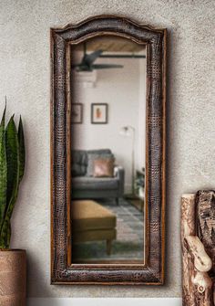 a mirror sitting on top of a wooden shelf next to a potted green plant