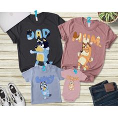 Bluey And Bingo Family Matching T-shirts Bluey Birthday Shirt, Birthday Family Shirts, Bluey Characters, Dog Character, Funny Birthday Shirts, Bluey And Bingo, Matching T Shirts, Husband Shirts, Family Tees