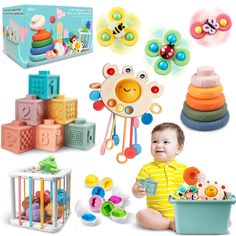 a baby sitting next to toys and other items