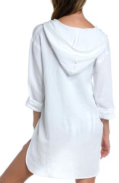 White Cotton Cover-up For Warm Weather, White Cotton Spring Cover-up, Spring White Cotton Cover-up, Casual Cotton Long Sleeve Cover-up, Cotton Hooded Top For Vacation, Hooded Cotton Top For Vacation, Casual Cotton Beach Cover-up, White Long Sleeve Relaxed Fit Cover-up, Relaxed Fit Hooded Tops For Beach