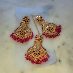 Brand New Pink Earrings Tikka Set, Wedding Jewellery, High Quality Indian Jewellery! Suitable For Wedding And Parties. Feel Free To Make An Offer Or Bundle Traditional Pink Tikka For Parties, Pink Chandbali Earrings For Wedding, Pink Chandbali Wedding Earrings, Pink Earrings For Wedding And Festivals, Pink Bridal Earrings For Festive Occasion, Pink Dangle Bridal Earrings For Festive Occasion, Pink Bridal Earrings For Festive Wedding, Festive Pink Bridal Earrings As Gift, Festive Pink Bridal Earrings For Gifts