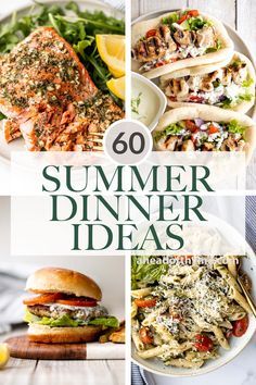 the cover of 60 summer dinner ideas with pictures of different foods and dishes on it