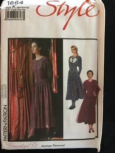 This is a 1988 Style pattern for a dress with full length dolman sleeves, pointed front bodice with button opening, full gathered skirt in mid calf length. Optional neck bow.  Size 8-12 Bust 31.5-34" Pattern is uncut and factory folded Basque Waist, How To Fold Notes, Neck Bow, Button Front Dress, Gathered Skirt, Size Pattern, 1980s Vintage, Flared Skirt, Dolman Sleeve