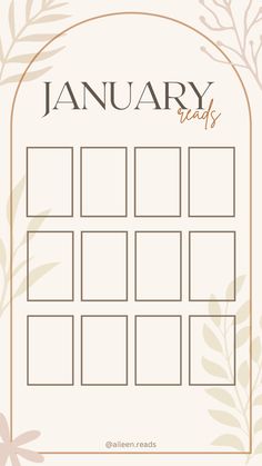 a calendar with the words january in gold and white, surrounded by leaves on a beige background