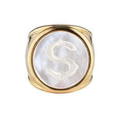 Our classic, best-selling initial ring in 14k vermeil and mother of pearl. 16mm round center stone. Jewelry Name, Name Ring, Charm Chain, Jewelry Designers, Initial Ring, Jhumka Earrings, Designer Fashion Jewelry, Classic Ring, Jewelry For Women