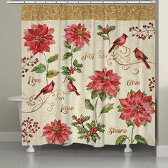 a shower curtain with poinsettis and birds on it