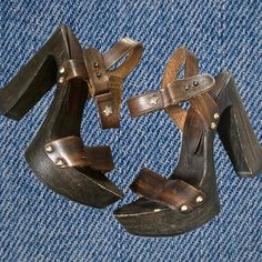 Rare and stunning "Replay" wood heels sandals from the end of the 90's/00s. a real unique and well-made piece of an era. Leather party clogs with a beautiful wooden look and fun decorative ankle closures.  straps are made of genuine leather, curvy heels are made from fine wood and rubber soles Made in Italy.  Size: 36 EU. Heel:  12 cm /4.7"  The sandals are in good used vintage condition, but there are some signs of wear and age, It looks like they had some fun :) but there is still such chic we Vintage Open Toe Mules With Wooden Heel, Vintage Clogs With Stacked Heel, Open Toe, Vintage Open Toe Clogs With Stacked Heel, Open Toe Wooden Platform Clogs, Wooden Open Toe Platform Clogs, Wooden Platform Open Toe Clogs, Vintage Sandals With Wooden Block Heel, Vintage High Heel Platform Clogs, High Heel Wooden Platform Clogs