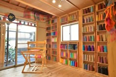 a room filled with lots of wooden shelves covered in different colored thread spools