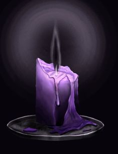 a purple candle is on a black plate with water dripping from the top and around it