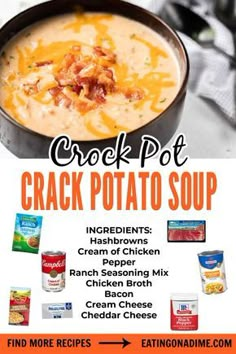 Everyone will love this Crock Pot Crack Potato Soup! This potato soup is loaded with cheddar, bacon and ranch. This soup tastes amazing and easy to make in a crock pot! Everyone will love this easy soup recipe. #eatingonadime #crockpotrecipe #souprecipes #slowcookerecipes Potato Soup Crock Pot Easy, Crock Pot Potatoes, Potato Soup Crock Pot, Crock Pot Ideas, Crockpot Dinners, Crockpot Soup Recipes, Potato Soup Recipe