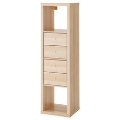 a tall wooden shelf with three drawers