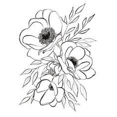 an ink drawing of some flowers on a white background