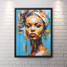 a painting on a brick wall with a woman's face painted in bright colors