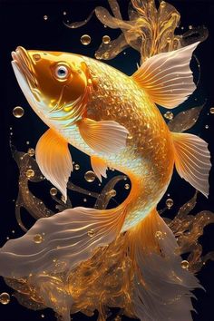 a gold fish with bubbles floating around it's body and its head in the air