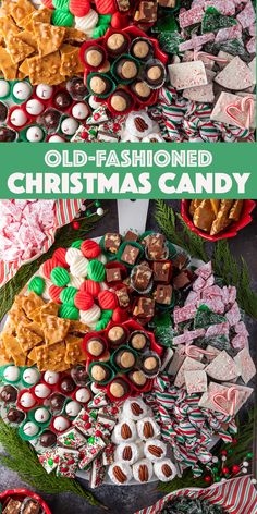 an assortment of old fashioned christmas candy on display in red and green striped dishes with text overlay