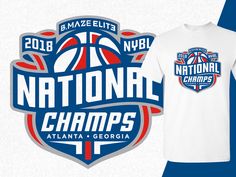 the national champs t - shirt is shown on a blue and white background with an image of a basketball