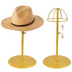 two hats are sitting on top of each other in front of a stand with a hat rack