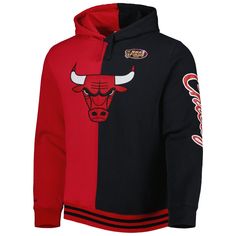 The Mitchell & Ness Red/Black Chicago Bulls Hardwood Classics Split Pullover Hoodie is a must-have for any true Chicago Bulls fan. This midweight hoodie features embroidered fabric applique and screen print graphics that proudly display your allegiance to the Bulls. The fleece lining and drawstring hood provide warmth and comfort, while the two front pockets offer convenient storage for your essentials. Whether you're cheering on the Bulls at the United Center or just showing your support ar Red Fan Apparel Hoodie, Red Fan Apparel Hoodie Sweatshirt, Red Sportswear Sweatshirt For Fall, Red Winter Hoodie For Fan Apparel, University Red Long Sleeve Hoodie For College, University Red Hoodie For Winter, University Red Winter Hoodie With Crew Neck, Red Sports Season Hoodie, University Red Fleece Sweatshirt For Winter