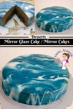 a cake with blue and white swirls on it is shown in three different pictures