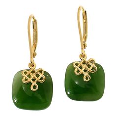 Elevate your style with the Jade of Yesteryear Gold-Plated Cushion Jade Drop Earrings, a piece that marries ancient allure with contemporary elegance. These earrings feature:

- Dimensions: Approximately 1-1/16"L x 7/16"W
- Material: Stamped .925 sterling silver with gold plating
- Finish: Polished
- Closure: Pierced with leverbacks
- Stone: Cushion-cut jade (12mm), color-enhanced and polymer impregnated

Designed with a unique knot detail and a classic drop silhouette, these earrings are perfec Red Jade, Drop Design, Jade Earrings, Color Bands, Jade Jewelry, Simple Fashion, Drops Design, Cushion Cut, Gold Plated Sterling Silver