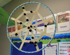 a spinning wheel is hanging from the ceiling in front of a bulletin board with pictures on it