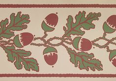 an image of acorns and oak leaves on a white background with red border