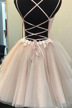 Blush Ball Gown Strappy Appliqued Homecoming Dress Prom Dress Short Lace, Homecoming Dresses For Teens, Backless Dress Short, Dama Dresses, Lace Prom Dresses, Dress Display, Tulle Homecoming Dress, Two Piece Homecoming Dress, Short Party Dress