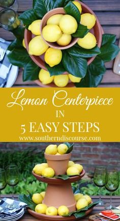 lemons are stacked on top of each other with the words lemon centerpiece in it