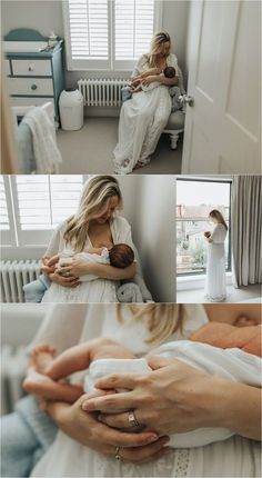 a woman holding a baby in her arms while sitting on a bed with other photos