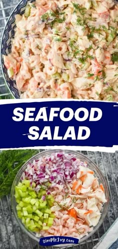 the seafood salad is ready to be eaten and put in the bowl for lunch or dinner